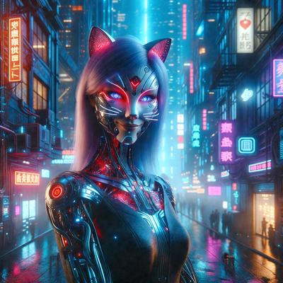 The primary subject of the image is a woman with a cat-like appearance, wearing a futuristic outfit and standing in a futuristic city. The setting is a futuristic city with neon lights and buildings, creating a vibrant and futuristic atmosphere. The visual style is a combination of digital art and illustration, giving the image a unique and artistic appearance. The colors and mood are predominantly futuristic and vibrant, with the woman's outfit and the city'